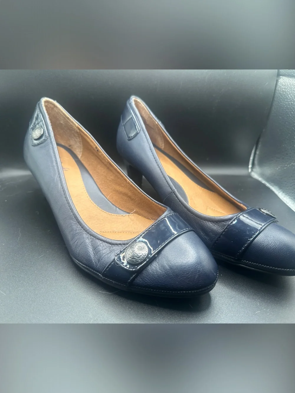 Women’s Navy Leather Ballet Flats with Decorative Button